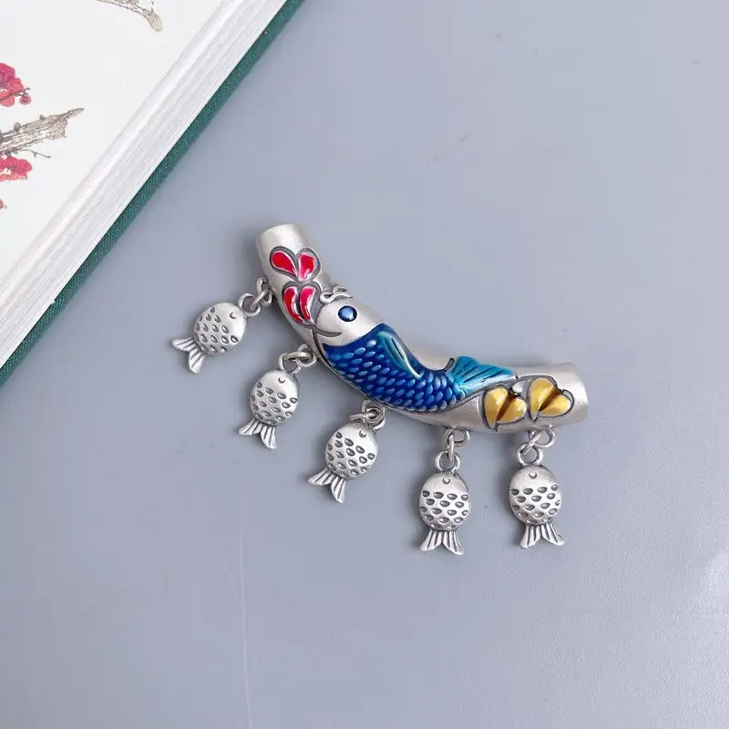 Vintage Chinese style Koi colored curved pipe necklace tassel small fish pendant double-sided craft cloisonn é banquet jewelry