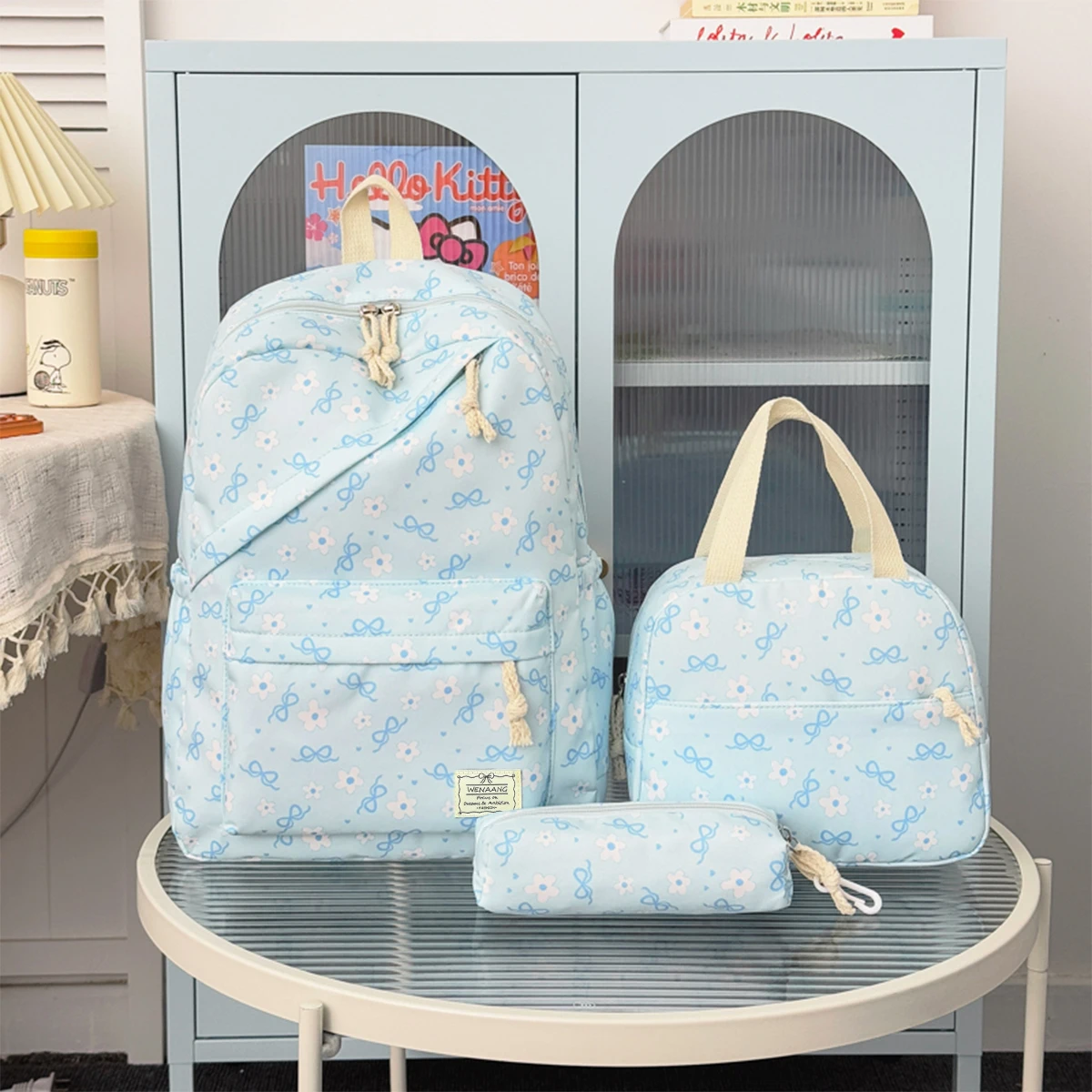 Conjunto de Mochila de Tres Piezas con Estampado de Flores y Lazo de Alta Estética, Mochila de Nailon Ligera de Gran Capacidad para Niñas, Mochila Escolar para Estudiantes