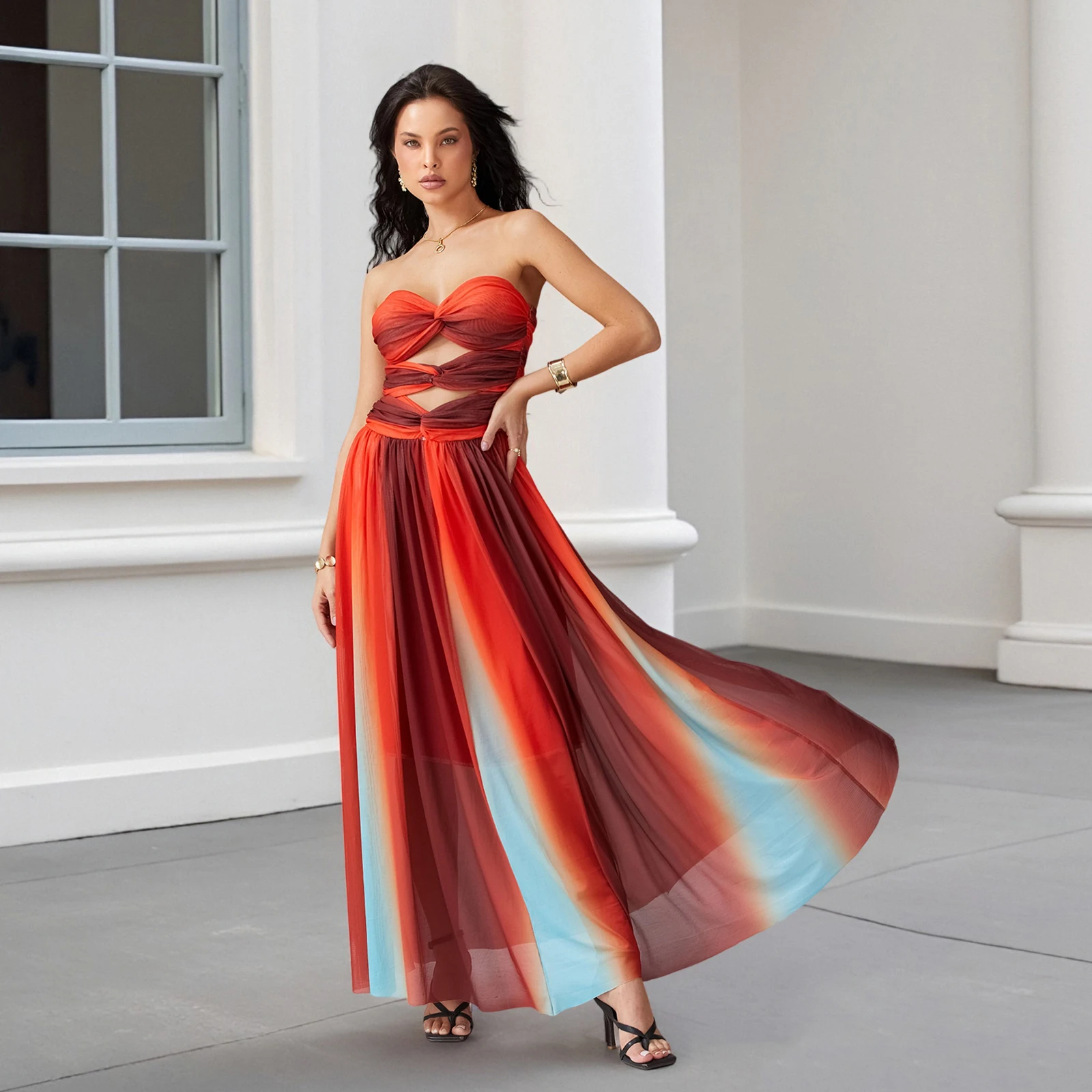 Damska Nowa Letnia Sukienka z Wąskimi Wzorami, Wycięciami, Odkrytymi Ramionami, Kontrastowymi Kolorami, Długa Spódnica Wakacyjna S-XL