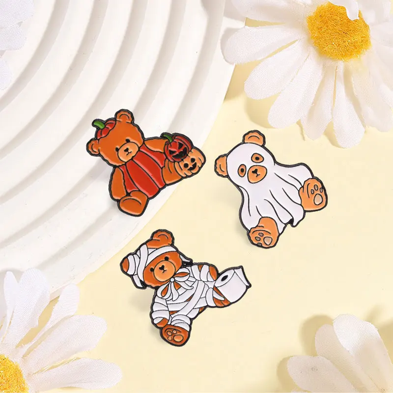 Cute Halloween Horror Bear Enamel Pins Ghost Sheet Bear Mummy Bandage Pumpkin Bear Lapel Brooch Holiday Costume Accessory view 6