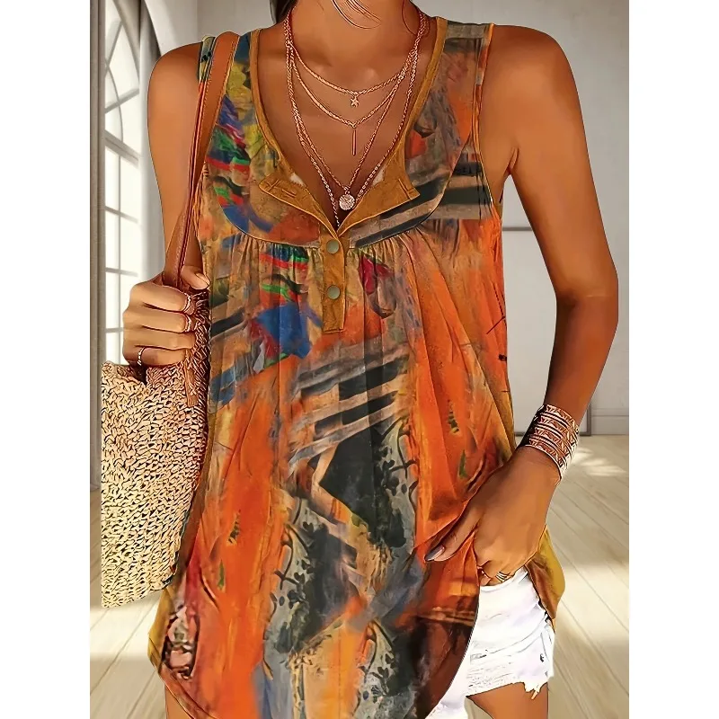 

Plus Size 1XL-5XL New Women's Casual Style Sleeveless Knit Vest with All-Over Print Cross Solid Strap Top