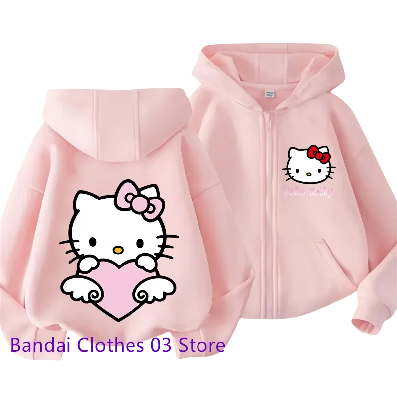 2024 Hello Kitty New Pin Zipper Hoodie Girls Sweatshirt Autumn/Winter Long Sleeve Jacket Harajuku Jumper Pin Casual Hoodie Top