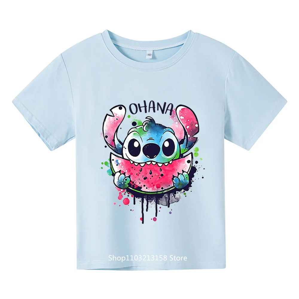 

2024 Kawaii Lilo Stitch T-shirt Children's Clothing Girls Summer Crewneck Short Sleeve Cartoon Stitch Graphic T-shirt Cute boy A