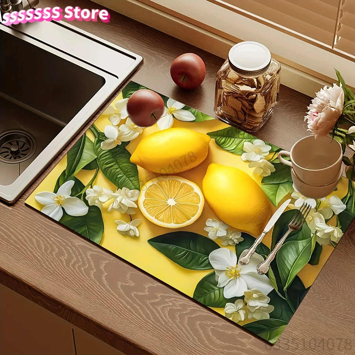 Lemon Print Pattern | Polyester Dish Drying Mat, Non-Slip and Absorbent, Suitable for Kitchen Drain, Table Protection, Cup Coast