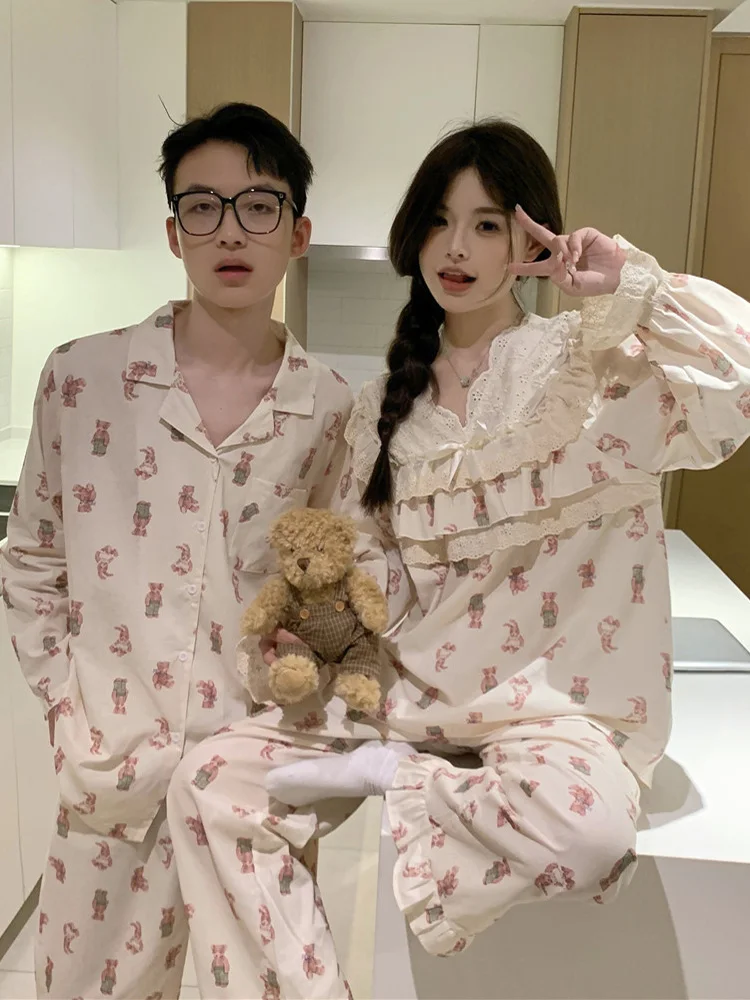 

New Loves Bear Printing Cartoon Cute Autumn Winter Long Sleeve Pajama Set Women Warm Home Korean Sweet Lace Cotton Sleepwear