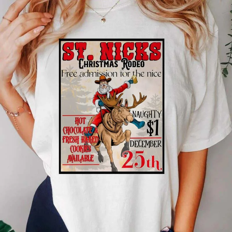 Retro St Nicks Christmas Rodeo Poster Trendy Cute 90s Women's Clothing Pattern Fashion Printed Short Sleeve Women's T-Shirt