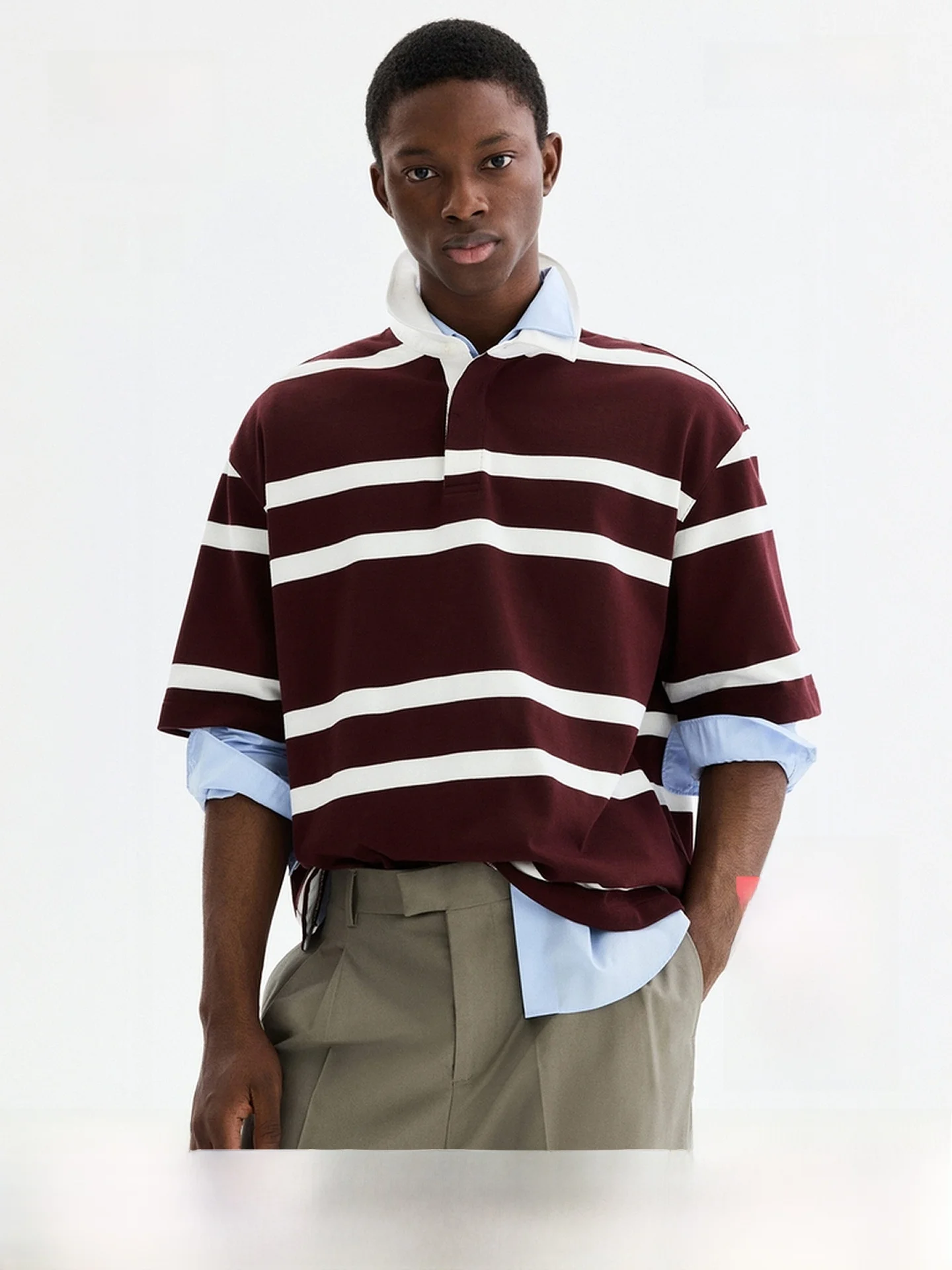 

H&M Men's Cotton Rugby Shirt Summer Short Sleeve Turn-down Collar Loose Fit Striped Button-down Casual Shirt for Men