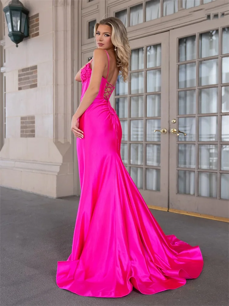 Customized Sweetheart Neckline Thin Straps Satin Mermaid Evening Dress Open Lace Up Back Floor Length Sweep Train Gown For Women