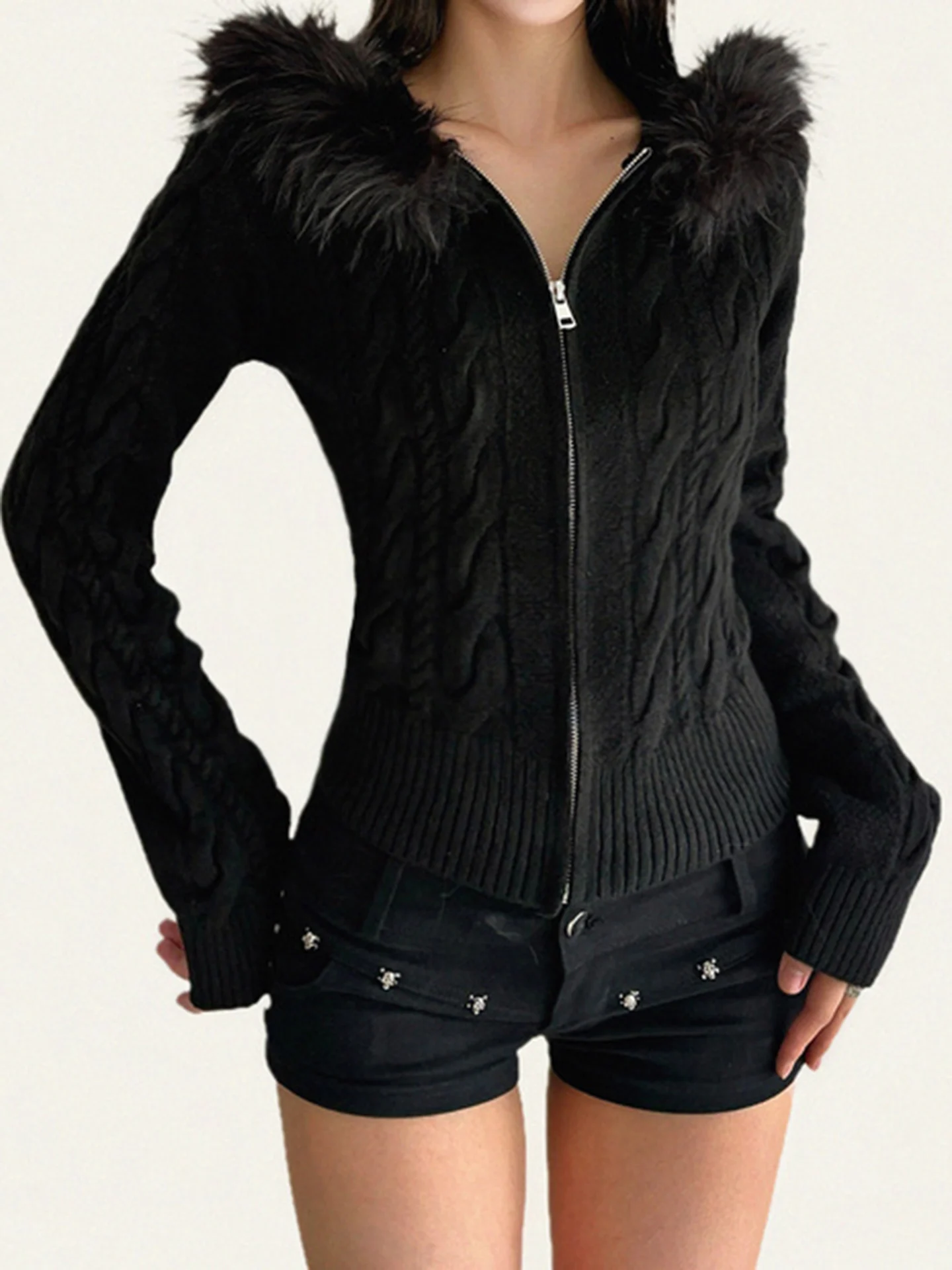 Funoff American Retro Black Fur Collar Twist Zipper Knitted Sweater Coat Autumn Winter Simple Long Sleeve Women's Fashion