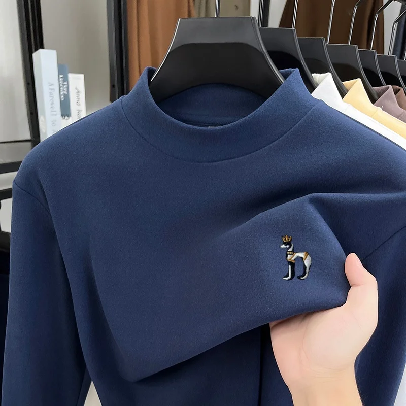 

Exquisite Dog Embroid Men's Half High Collar Pullover Bottom Shirt Autumn New Solid Color Velvet Warm Versatile Leisure Menswear