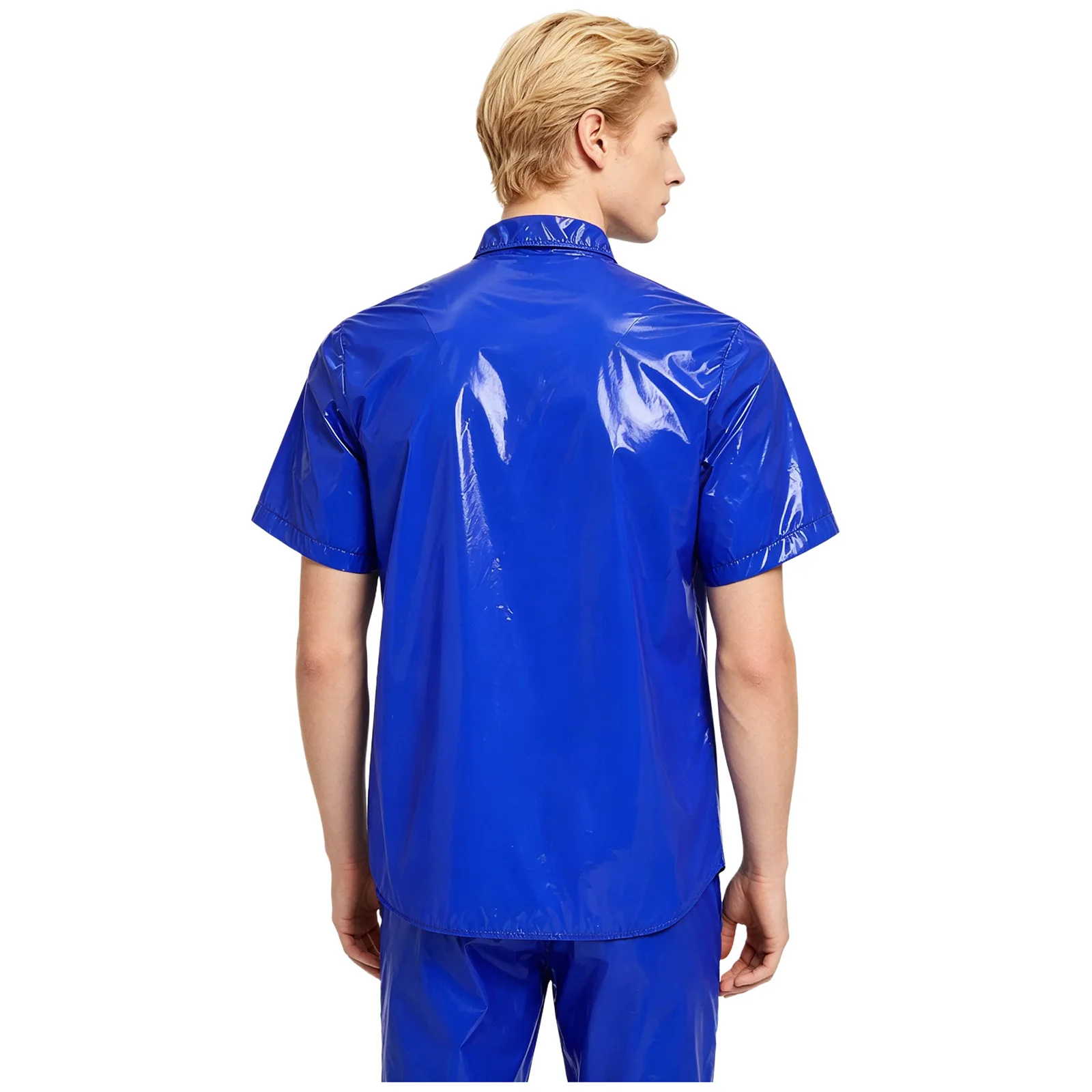 Mens Waterproof Shirt Top Short Sleeve Front Button Wet Look Swim T-shirt Blouse Clubwear Beachwear Raincoat for Camping Fishing