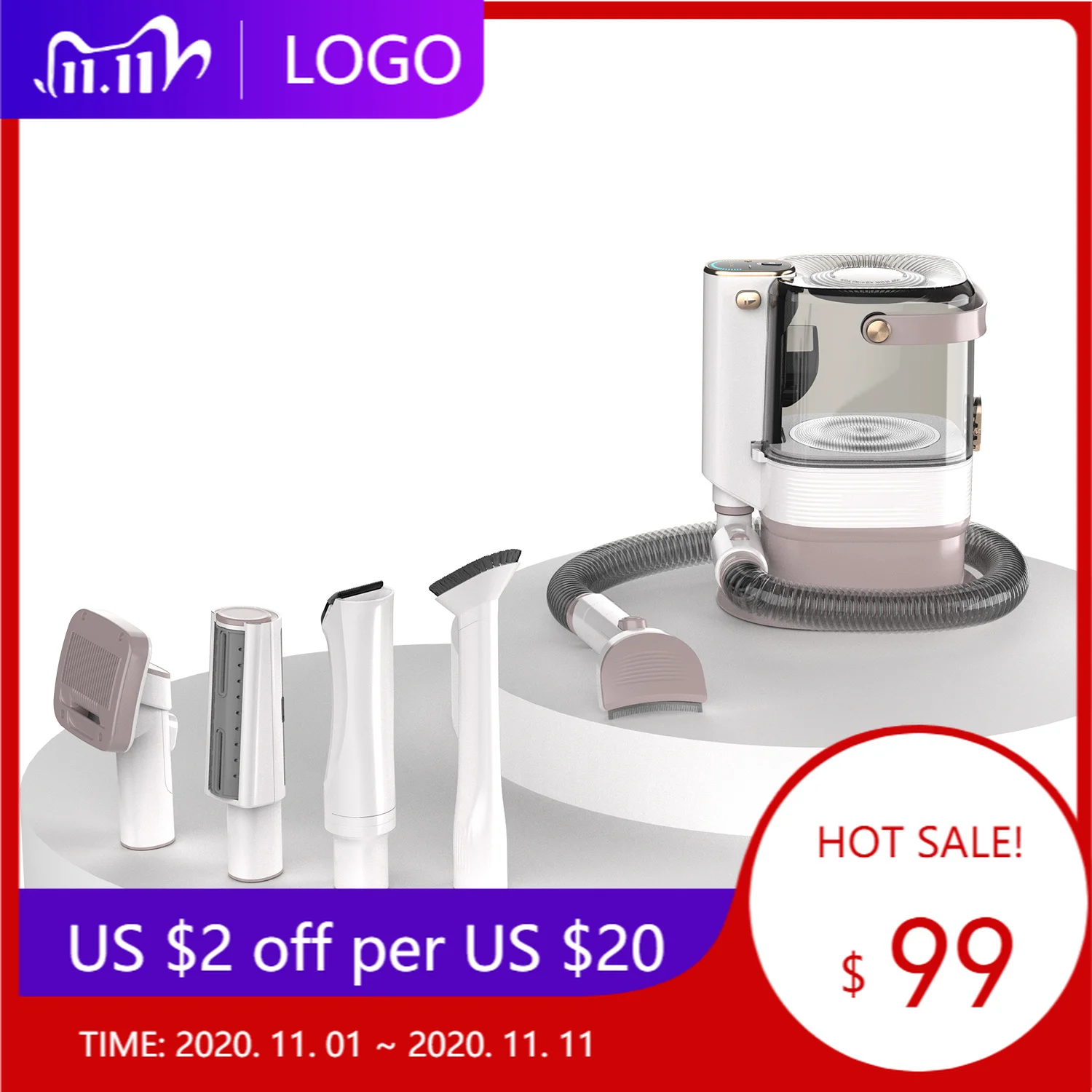 GDEDI Professional Pet Grooming Vacuum Kit Low Noise Clipper Slicker Deshedding Brush Dogs Cats