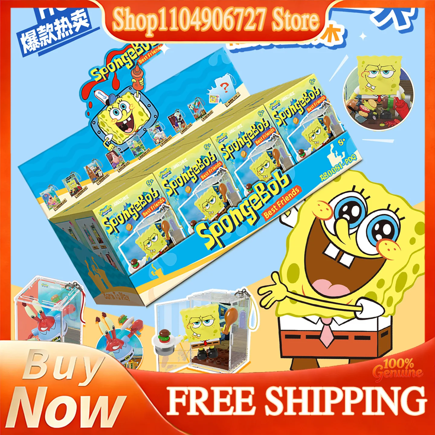 

AREAX SpongeBob SquarePants Building Block Keychains A Day In Bikini Bottom Series Blind Box Assemble Pendant Toys Gift For Girl