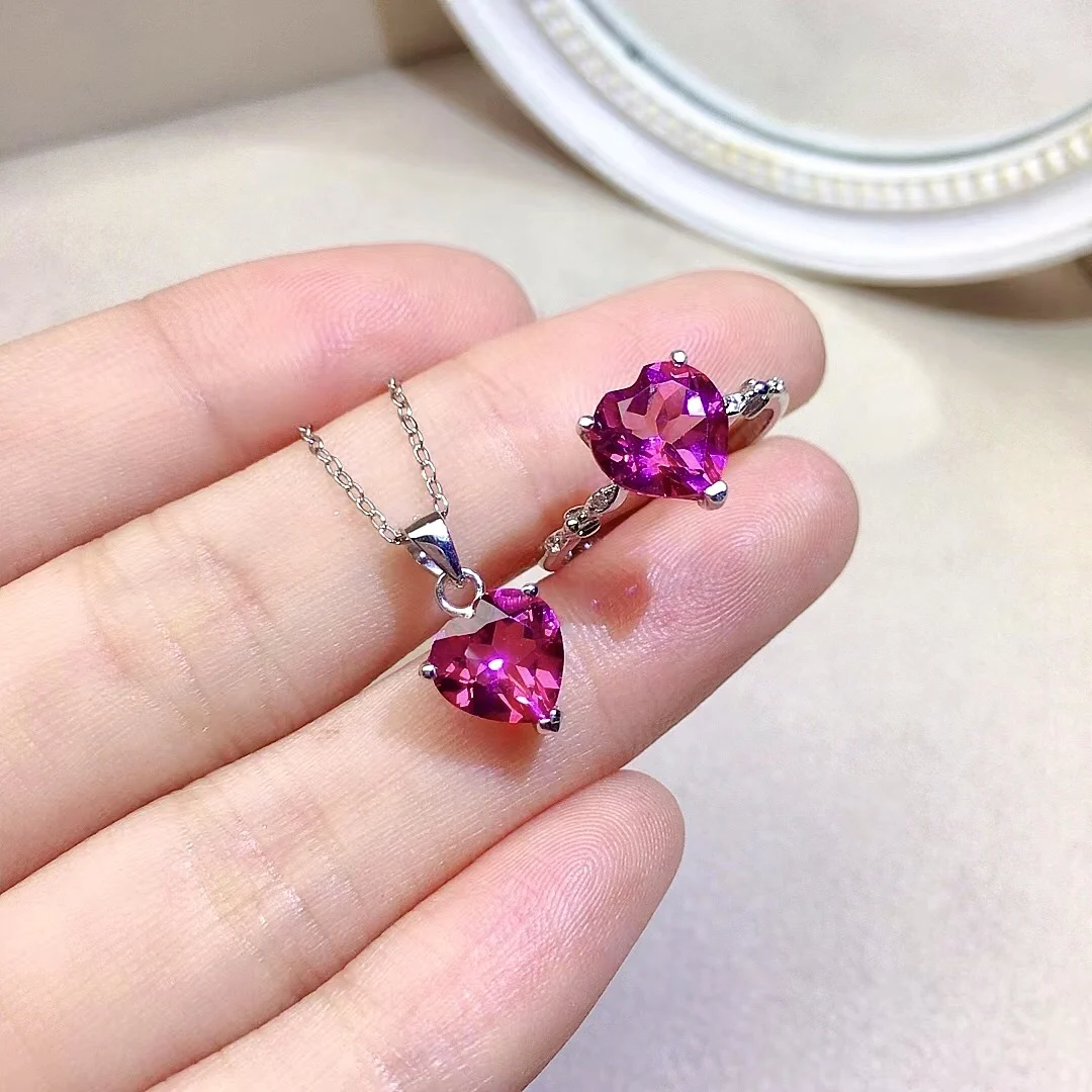 

Romantic Heart Gemstone Ring and Pendant for Party 8mm VVS Grade Natural Pink Topaz Jewelry Set Brithday Gift for Girlfriend