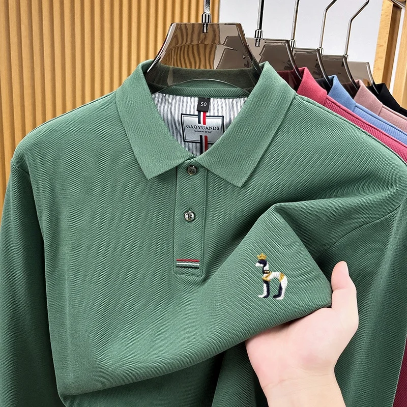100% Cotton Man Long-Sleeved Polo Shirt Lapel Button Exquisite Pattern Embroidery Autumn New Polo Shirt Business Casual Menswear