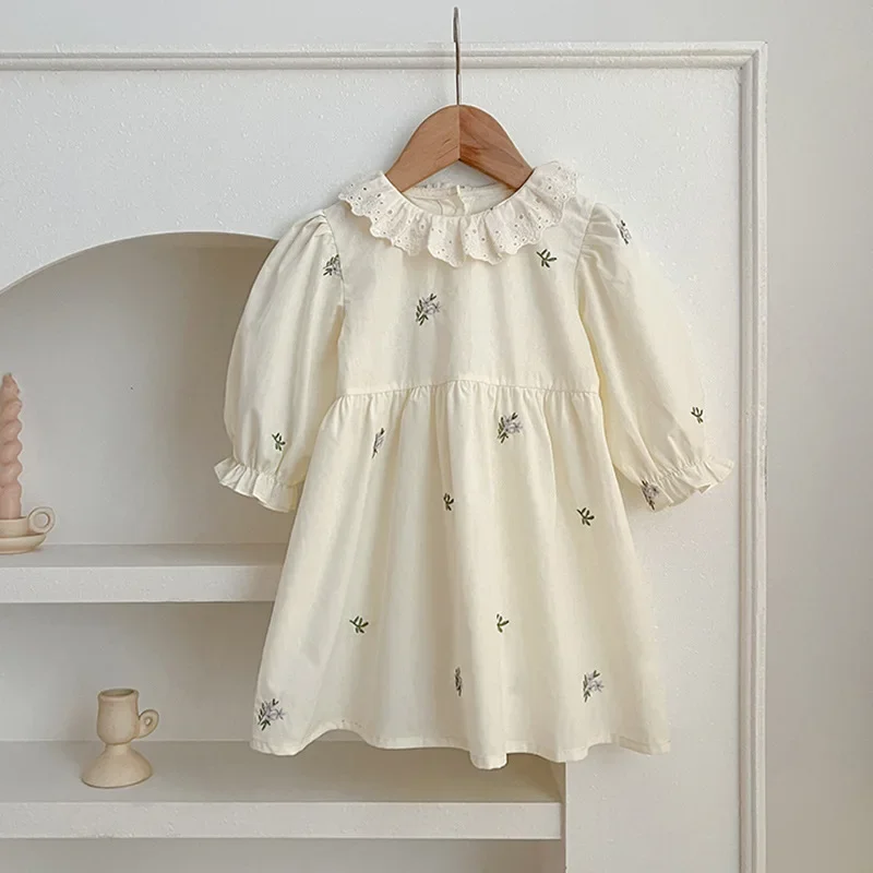 Baby Girls Spring New Rompers Long Sleeve Wrap Fart One-piece Infant Girls Bodysuit Lace Collar Embroidered Girls Sisters Dress