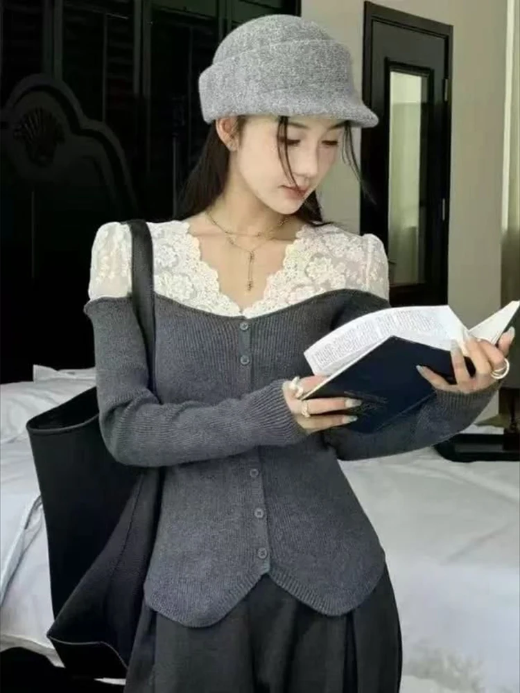 

Нежный кружевной вязаный кардиган во французском стиле с v-образным вырезом, осенне-зимний элегантный свитер с затянутой талией