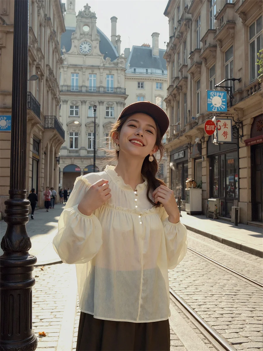 

Edible Tree Fungus Edge Shirt Women Turn-Down Collar Summer Satin Feel Silky Texture High End Modal Fabric Button Front Elegant