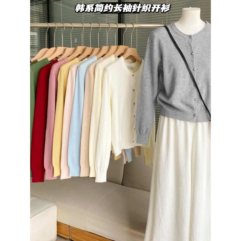 

Женский элегантный вязаный кардиган в корейском стиле, однотонный джемпер с длинными рукавами, однобортный, с круглым вырезом, легкая одежда для поездок на работу