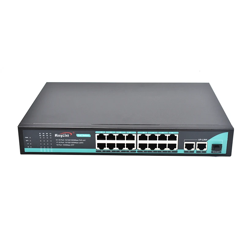 10/100/1000Mbps AI+16 Port PoE Network Switch 2 RJ45 Uplink + 1 SFP Slot Metal Housing for Surveillance