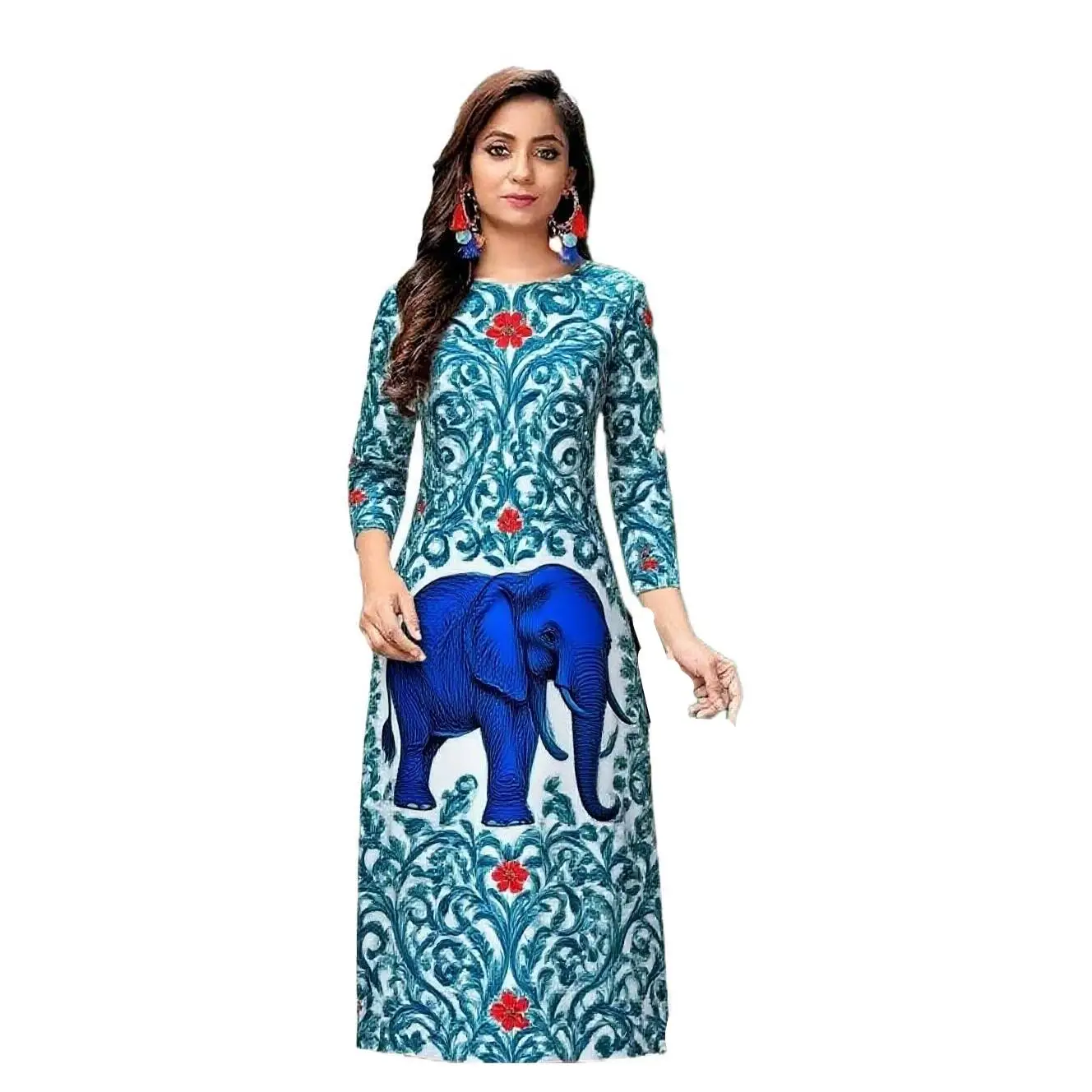 KURT abito moda casual da donna a maniche lunghe tubo dritto casual fiore etnico girocollo senso del design di dimensioni regolari