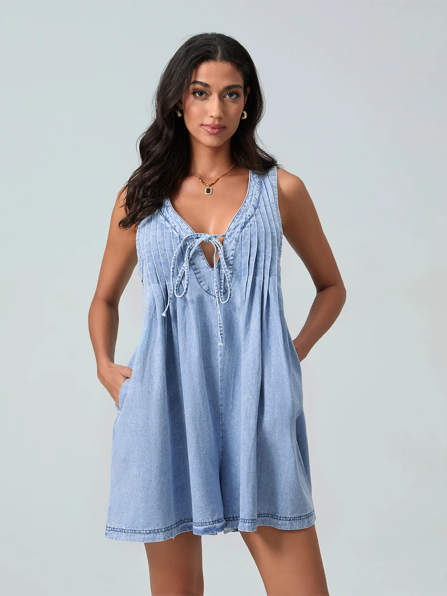 Women's Casual Denim Rompers Tie Front V Neck Sleeveless Pleated Playsuit with Pockets Summer Loose Tank Top Short Jumpsuit