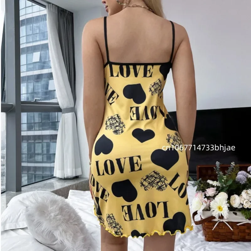 Lady Sexy Nightdress Deep U Neck Short Sleepdress Summer Thin Sling Pajama Skirt Love Letter Print Nightgowns Woman Sleepshirts