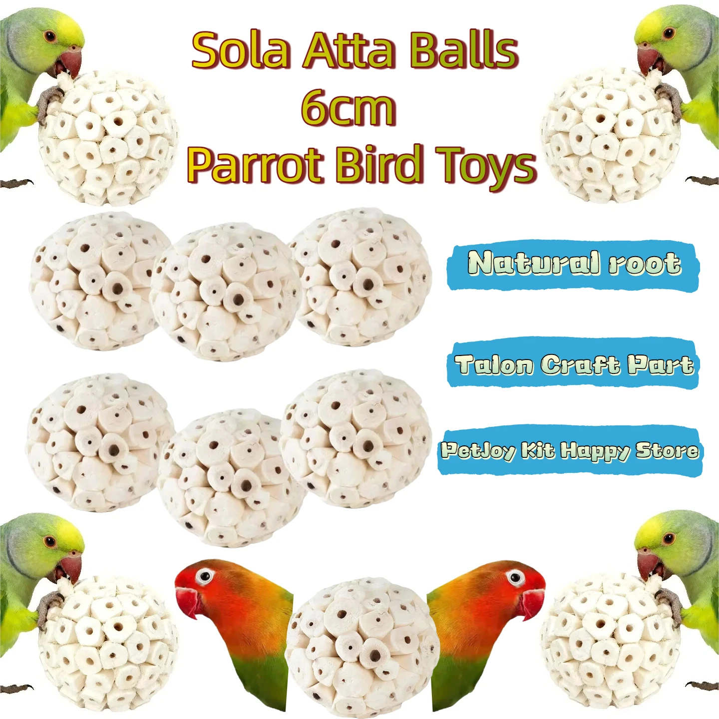 

Natural Sola Atta Balls 2.3"Diameter, Soft and Lightweight Chew DIY Crafts Foot Toys for Birds, Small Pets