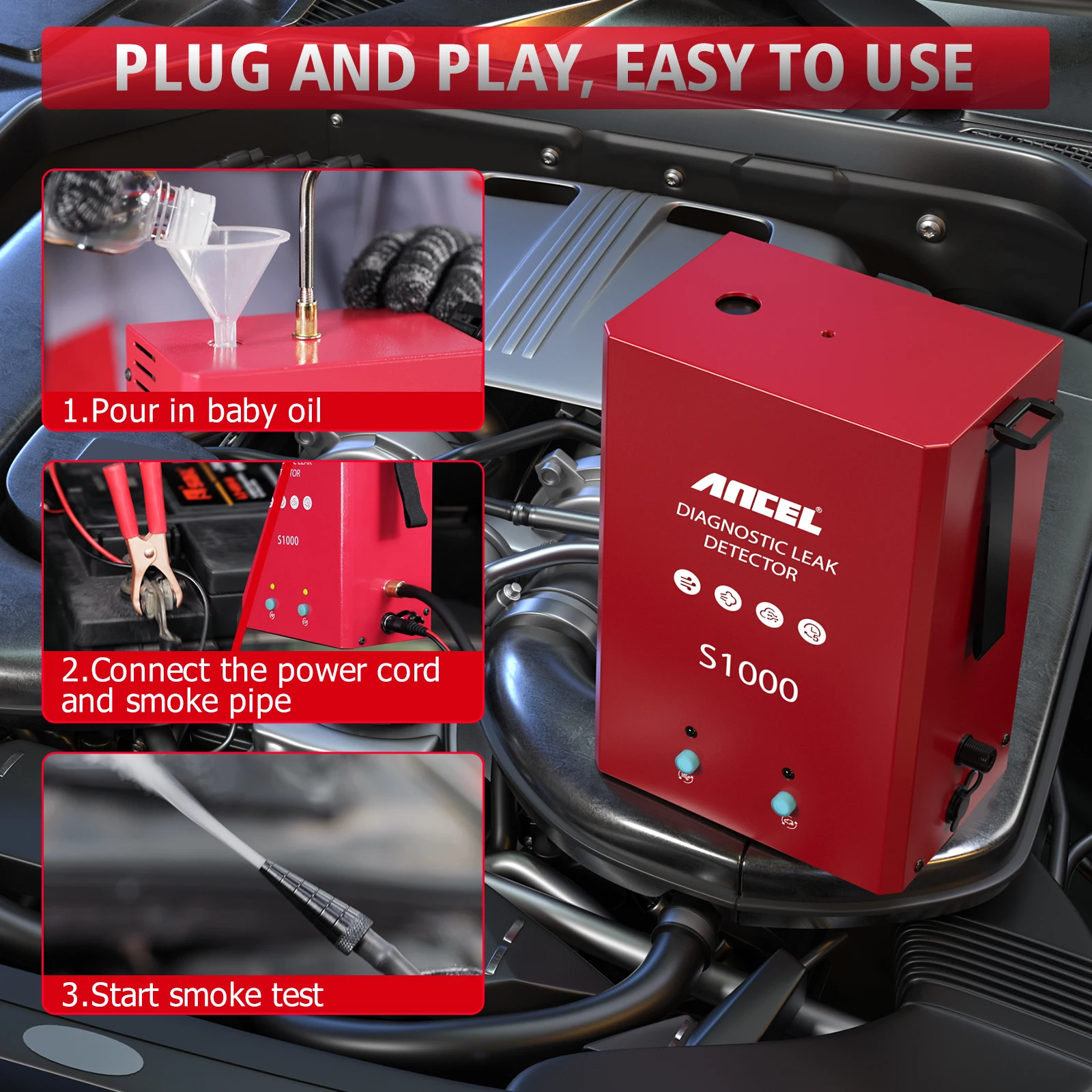 エアポンプ付きANCEL-S1000煙漏れ検知器,車のパイプライン,排気ガスアナライザー,診断,自動修理,煙探知器,12v