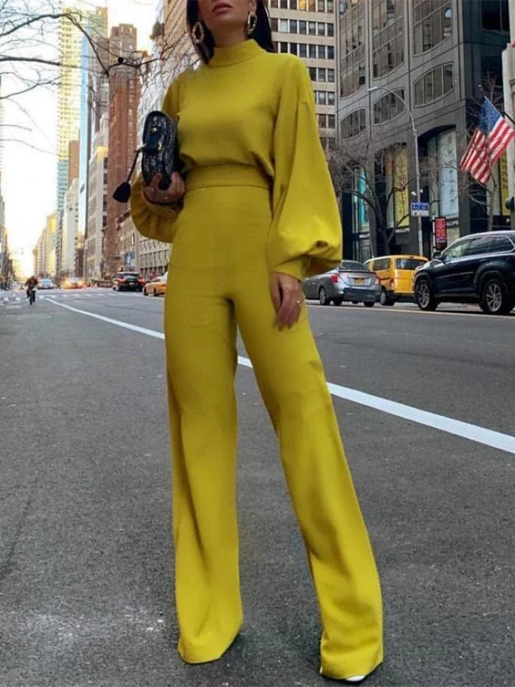 

2024 Women Elegant Fashion Slim Fit Yellow Solid Skinny Casual Overalls Office Look Work Lantern Sleeve Mock Neck Jumpsuit