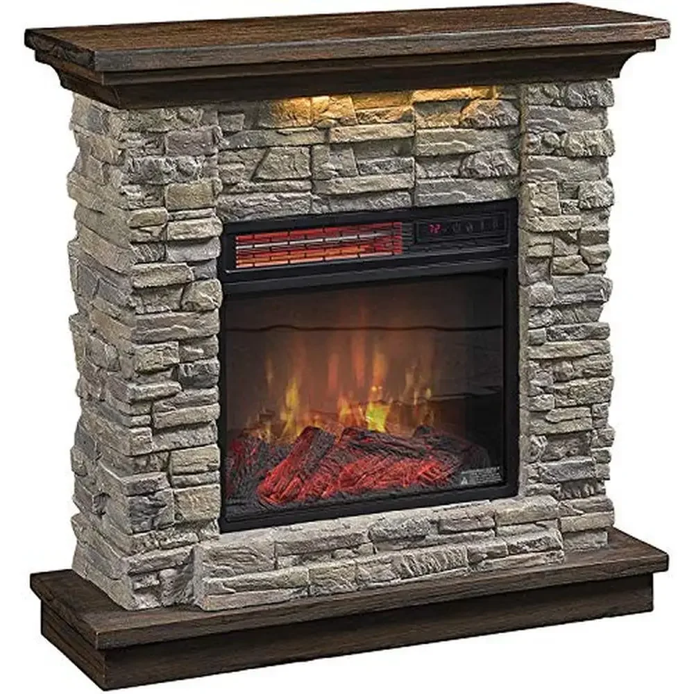 Electric Fireplace with Remote Control 5200 BTU Heater Smoky Gray Stone Safer Plug Technology Flame Effect Infrared Quartz Heat