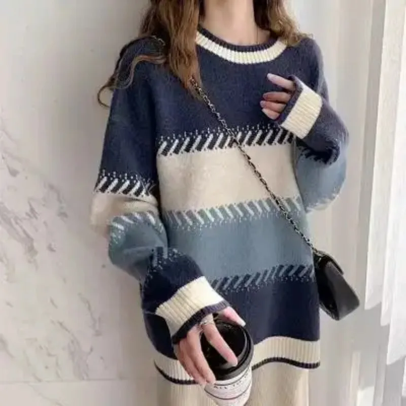 

Пуловер с круглым вырезом, осенне-зимний свободный свитер в ленивом стиле, женский толстый топ