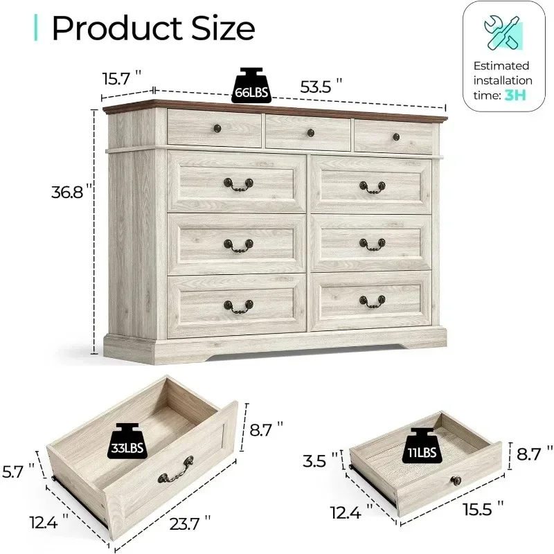 Farmhouse 6/9 Drawers Dresser, Wood Dresser for Bedroom Wide Chest of Drawers, French Country Storage Double Organizer