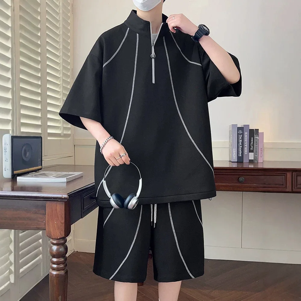 Summer semi-zipper short-sleeved shorts two-piece men's contrasting stand-up collar casual sports suit