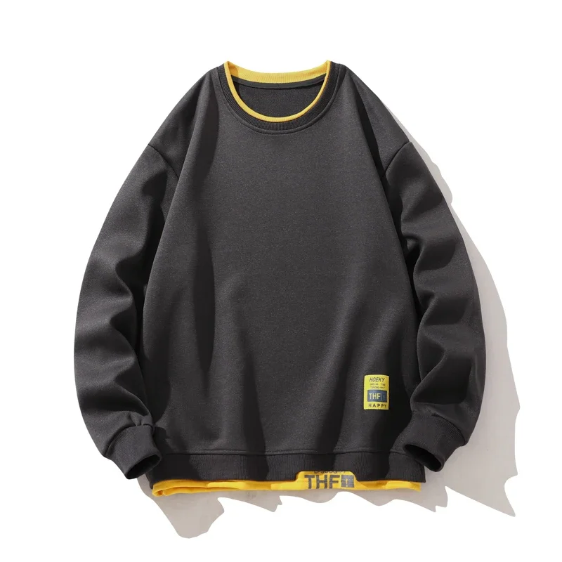 Autumn Men's Sweatshirt Fake Two Piece Notch Color Blocking Japanese Simple Fashion Trend Design Long Sleeve Top