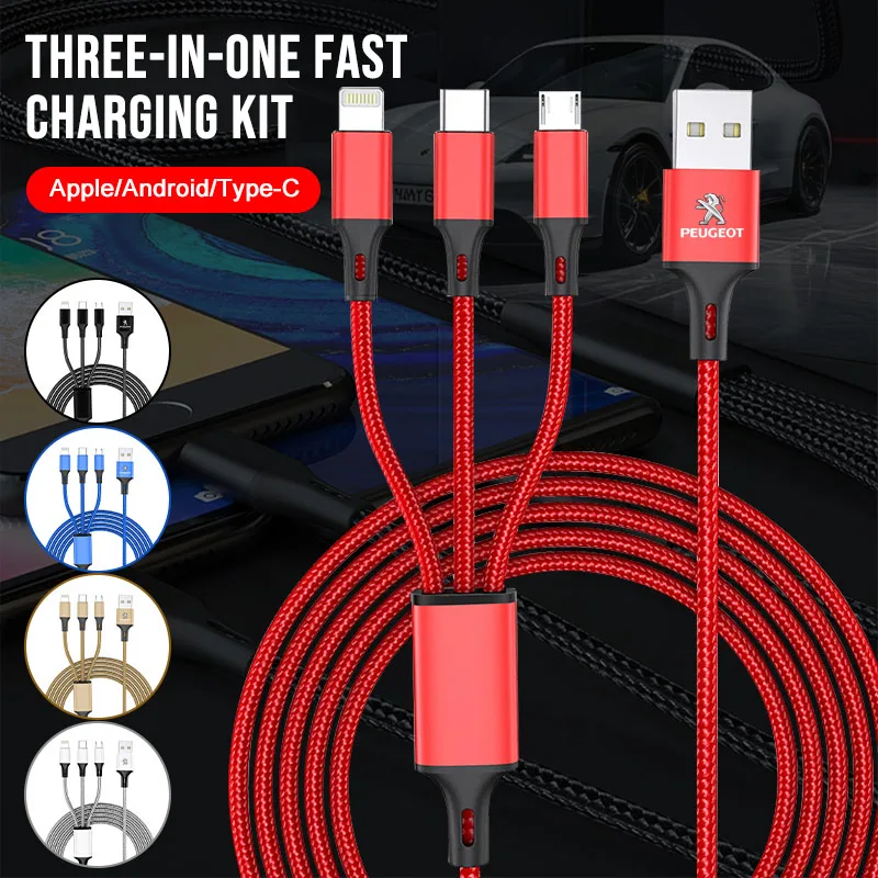 

Car 3 In 1 Fast Charging Cord For iPhone Huawei USB Type C For Peugeot 308 206 207 407 607 208 301 508 608 107 Wheel Center Caps