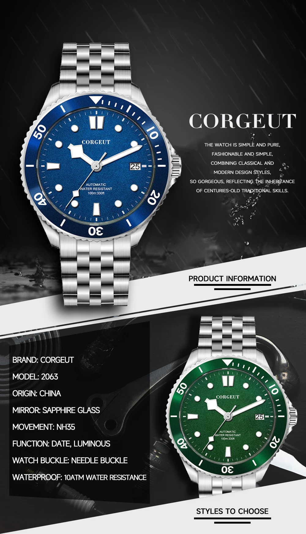 Corgeut Diver Mens Watch NH35A Automatic Mechanical Wrist Green watch Men 41mm Sapphire Glass Date Luminous 10BARS Ceramic reloj