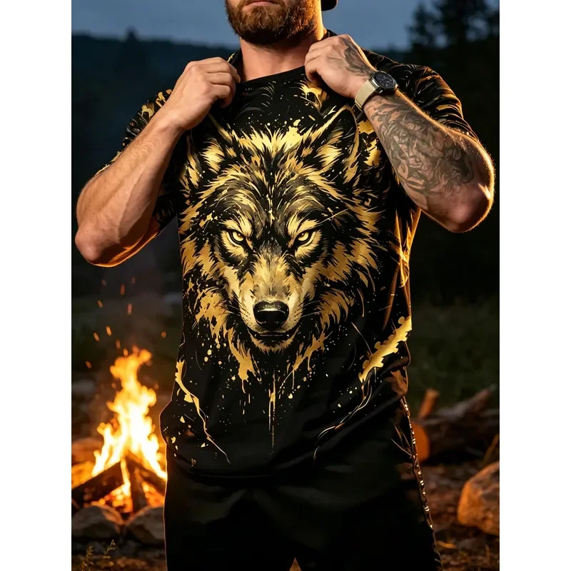 2026 Men's Large Size Short Sleeve T Shirt Golden Wolf Print Domineering Tough Guy Style Fitness Wear Casual Top