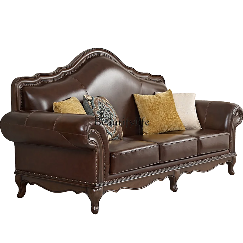 

American Country Style Solid Wood Vintage Light Luxury Distressed Top Layer Cowhide Small American Style Combination Sofa