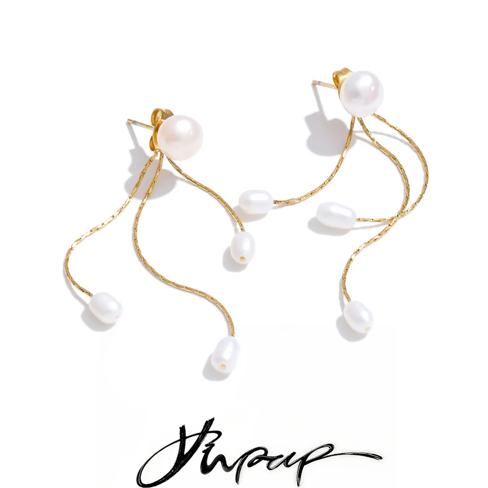 Yhpup Luxury Natural Freshwater Pearls Tassel Chain Drop Earrings for Women Stainless Steel High Quality Attractive Jewelry Gift