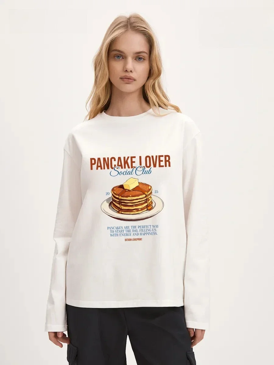 Women's Long Sleeve Spring Autumn Cotton Vintage Stacked Pancake With Butter Syrup Art Print T Shirt O Neck Loose Fashion Top