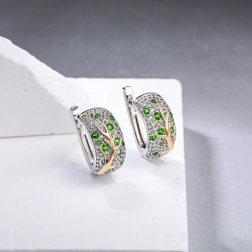 GZ ZONGFA Real 925 Sterling Silve Clip Earrings for Women Natural Chrome Diopside Peridot Yellow branches Elegant Fine Jewelry