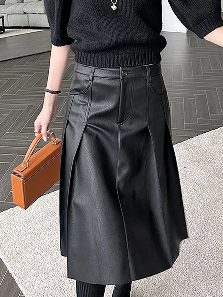 Jupe rétro en cuir PU taille haute avec Double kets, jupe décontractée Bla f-longue pour femmes, pliable et polyvalente