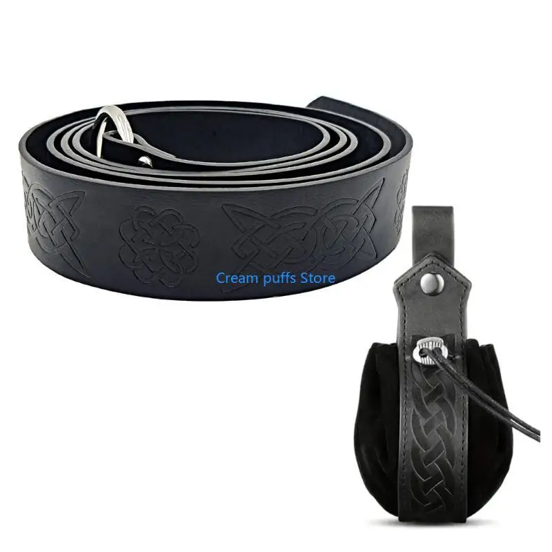 50LE Medieval Keltic Embossed Waist Belt Drawstring Purse Cosplay Costume Accessory
