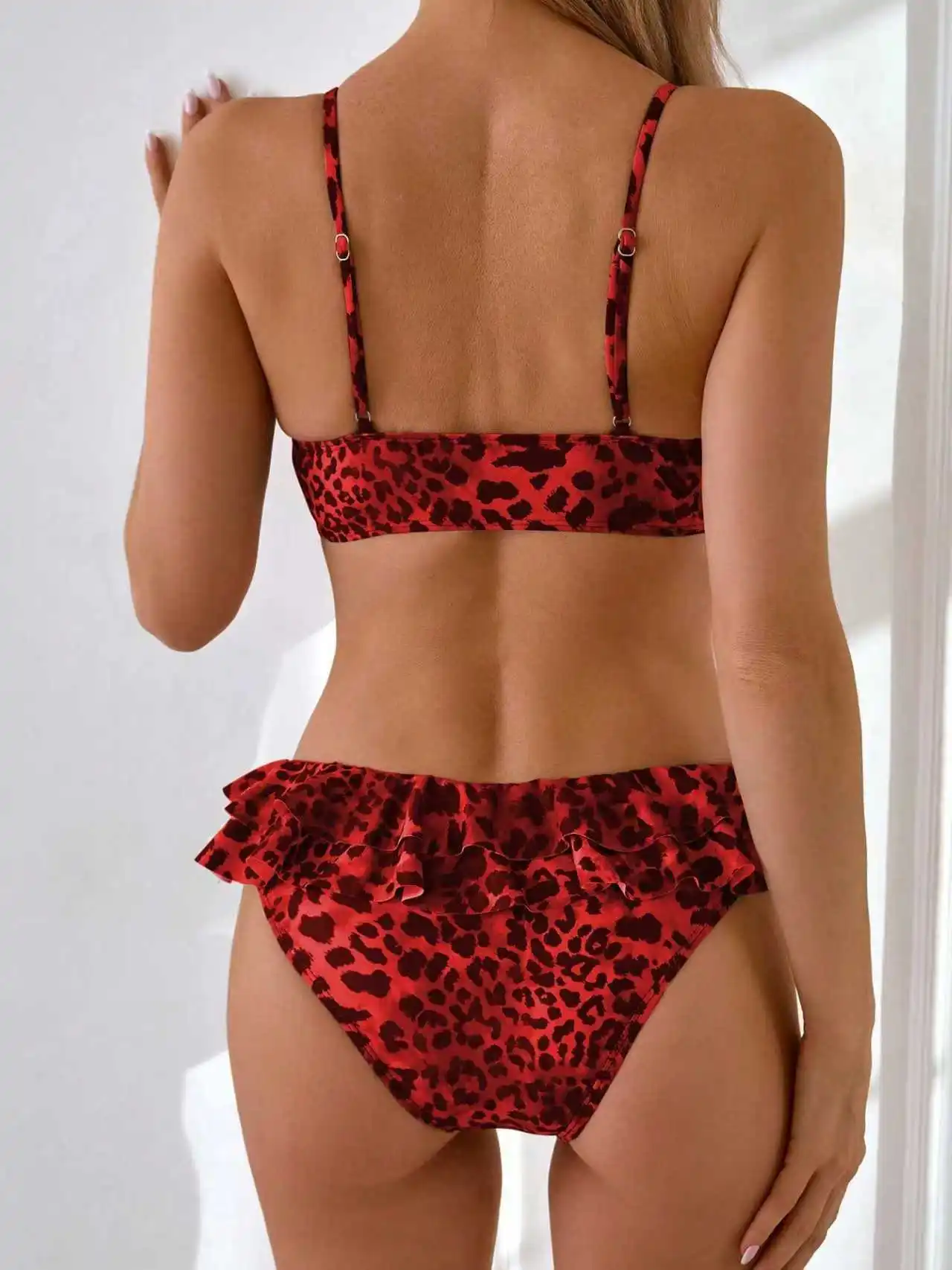 sexy red leopard print ring ruffles bikinis sets two pieces high waist swimsuits bathing suit swimwear biquini tankini trikini