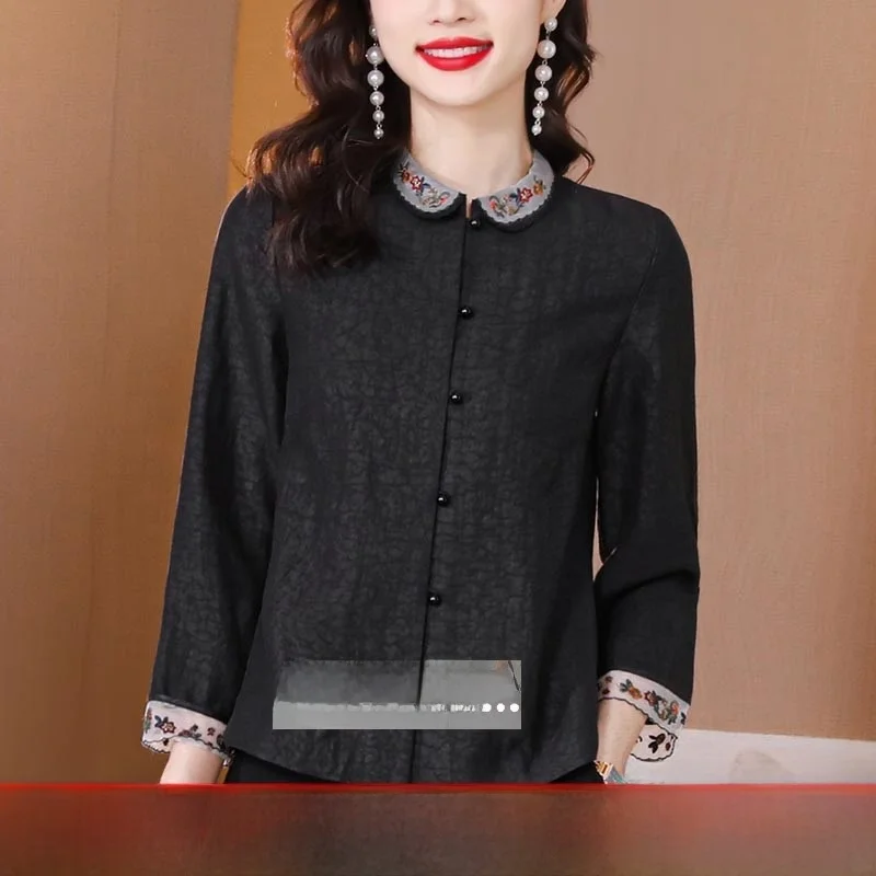 中国風上雲シルクシャツ レディース 初秋 2025 新作 レトロ 九分袖 唐装 中年ママトップス