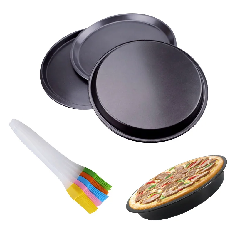1PC Non Stick Pizza Baking Set Round Carbon Steel Deep Dish Pizza Pan Tray with Random Color Silicone Oil Brush for Home ZYF