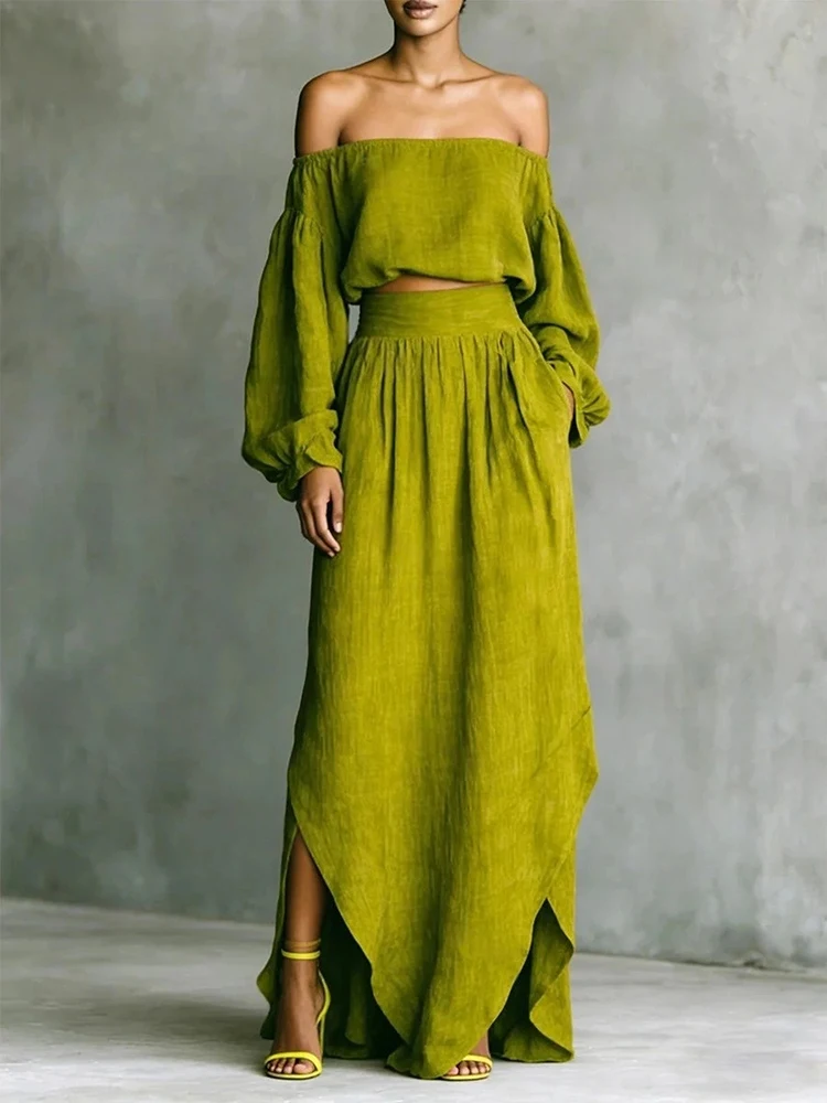 

Strapless Backless Short Top Maxi Skirts 2PCS Sets, Women Summer Solid Patchwork Chic Outfit, 2026 Long Sleeve Sexy Ladies Suits