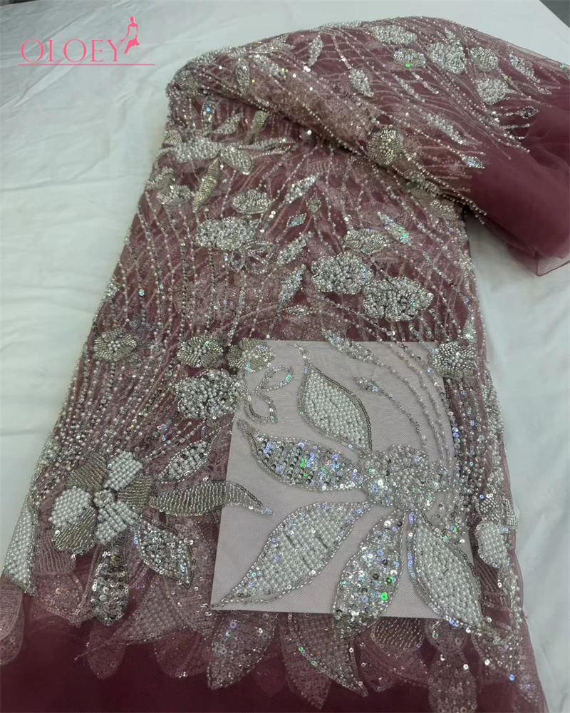 OLOEY High Quality Handmade African Lace Fabric with Beads And Sequins for Wedding Dresses And Parties Latest Fashion Trend