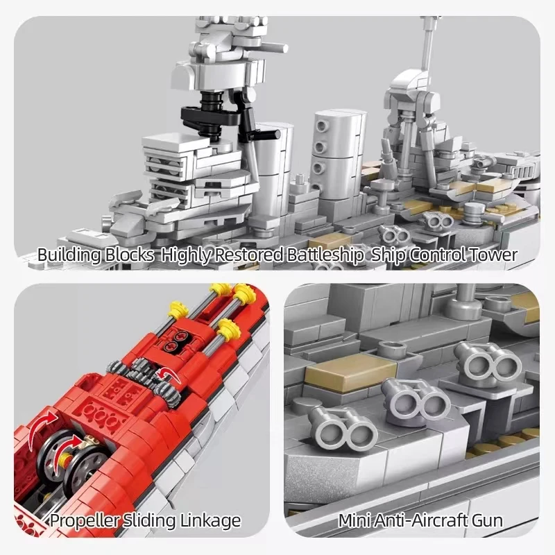 1731PCS WW2 Military Battleship Building Block Decorations Warship Cruiser Frigate Weapon Model Kids Toy Sticker Gift  Brick Set